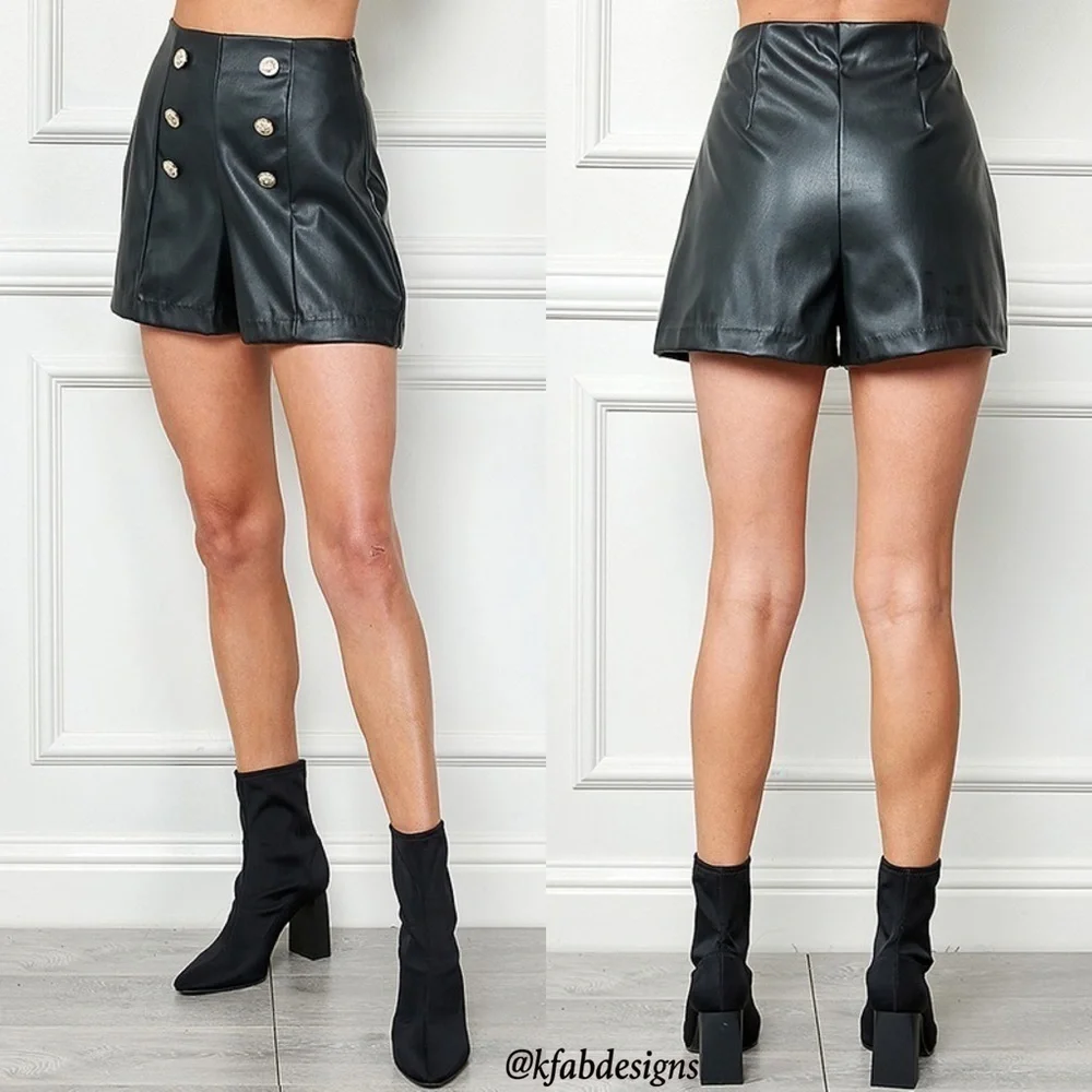 NEW! Black Faux Leather High Waist Gold Tone Button Shorts! - Picture 3 of 6